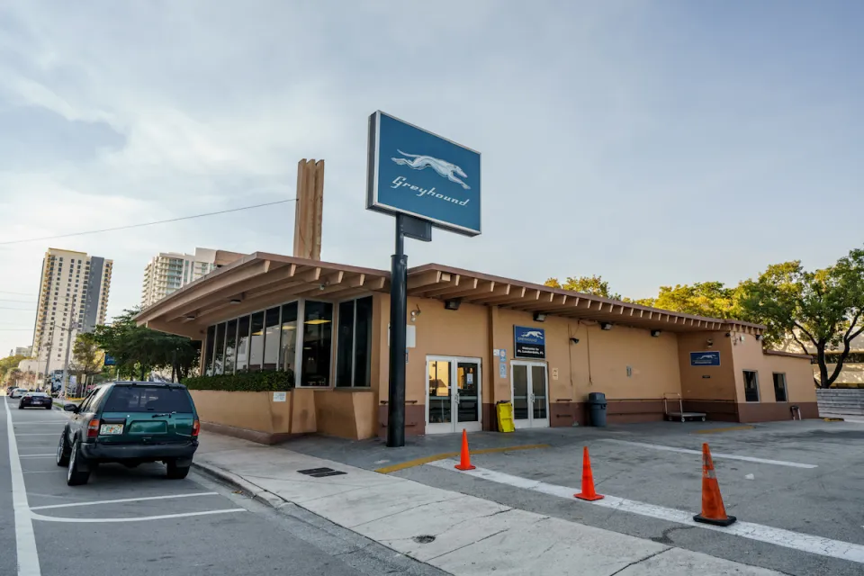 One-story Greyhound bus station in Ft. Lauderdale, Florida.